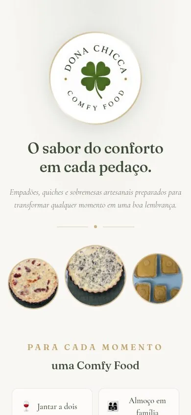 Página da Dona Chicca Comfy Food, em creme e verde, com fotos de quiches em círculos