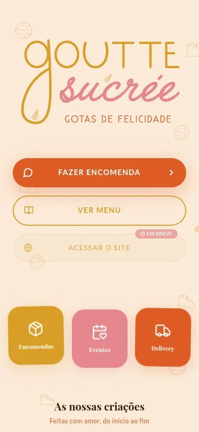 Página da confeitaria Goutte Sucrée, com logo desenhada à mão e botão para fazer encomenda